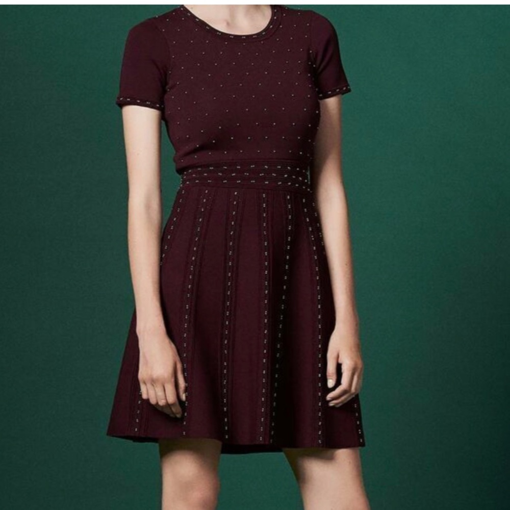 Sandro Montaigne Red Bordeaux Bead Embellished Studded Sweater Knit Dress 36 XS